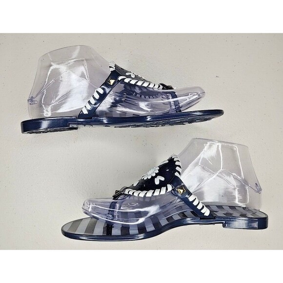 JACK ROGERS navy Blue Striped Rubber Medallion Whipstitch Jelly Thong Sandals 6 - Picture 7 of 10